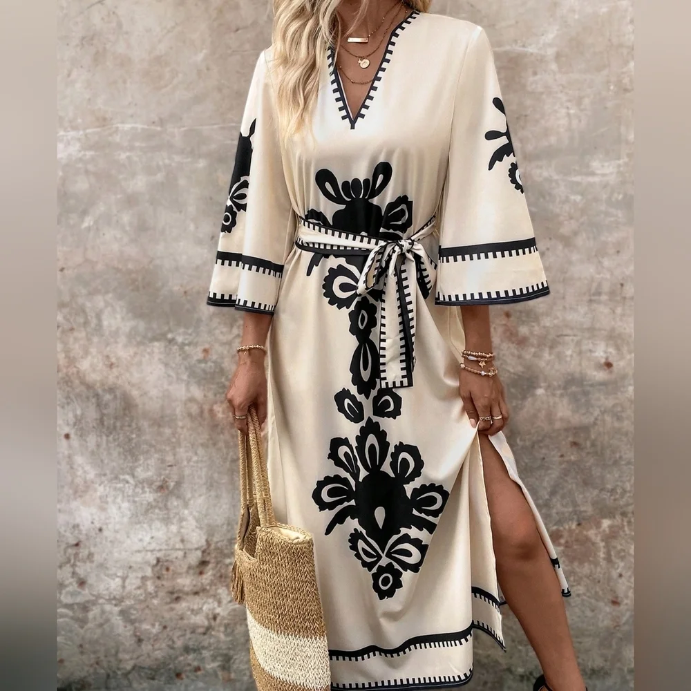 Women's Casual Printed Square Neckline Summer Dress - Picture 3 of 4